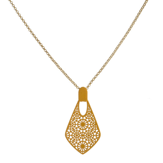 Rolo Chain Necklace with Brown  Pointed Teardrop Filigree Pendant