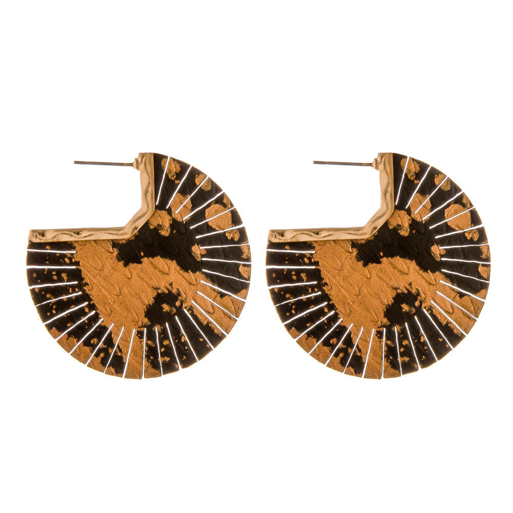 Genuine leather feather disc open hoop earrings