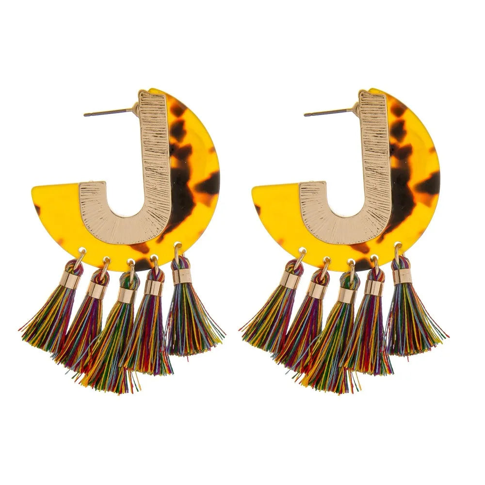 Resin tortoise shell J hoop tassel earrings