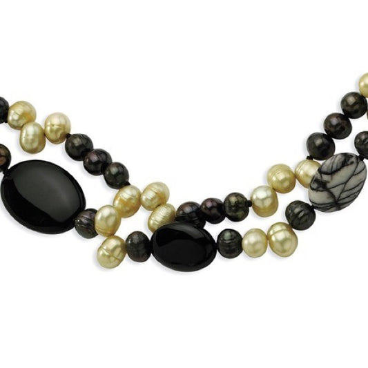 Black Agate and Zebra Jasper FWC Pearl Bracelet