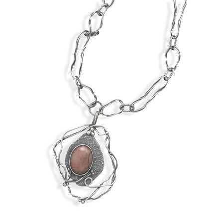 Oxidized Link and Suede Necklace With Rhodonite Stone