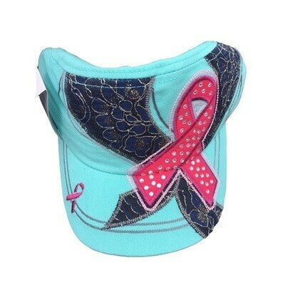 Kbethos teal with pink ribbon rhinestones hat