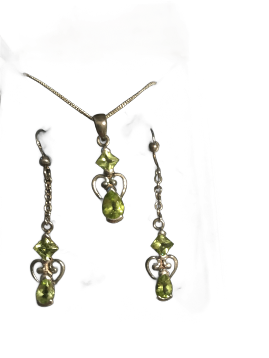 .925 Sterling Silver Genuine Peridot Necklace and Dangle Earrings Set
