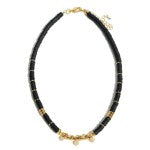 Black Rubber Heishi Necklace With Pave Heart Accents.