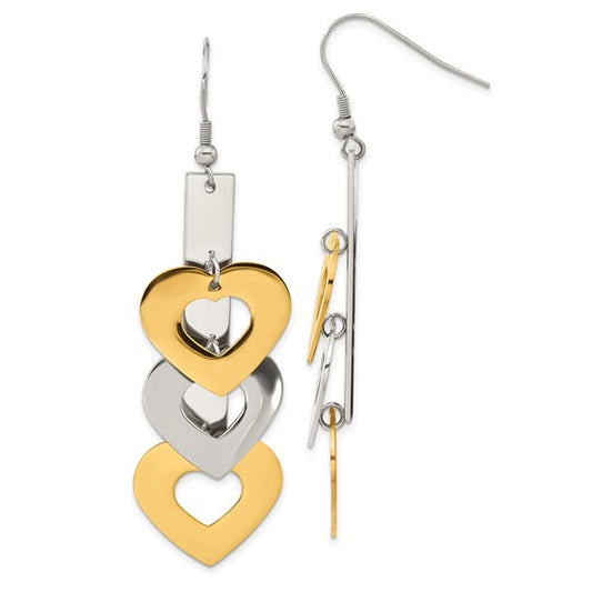 Stainless Steel Yellow IP-plated Hearts Dangle Earrings