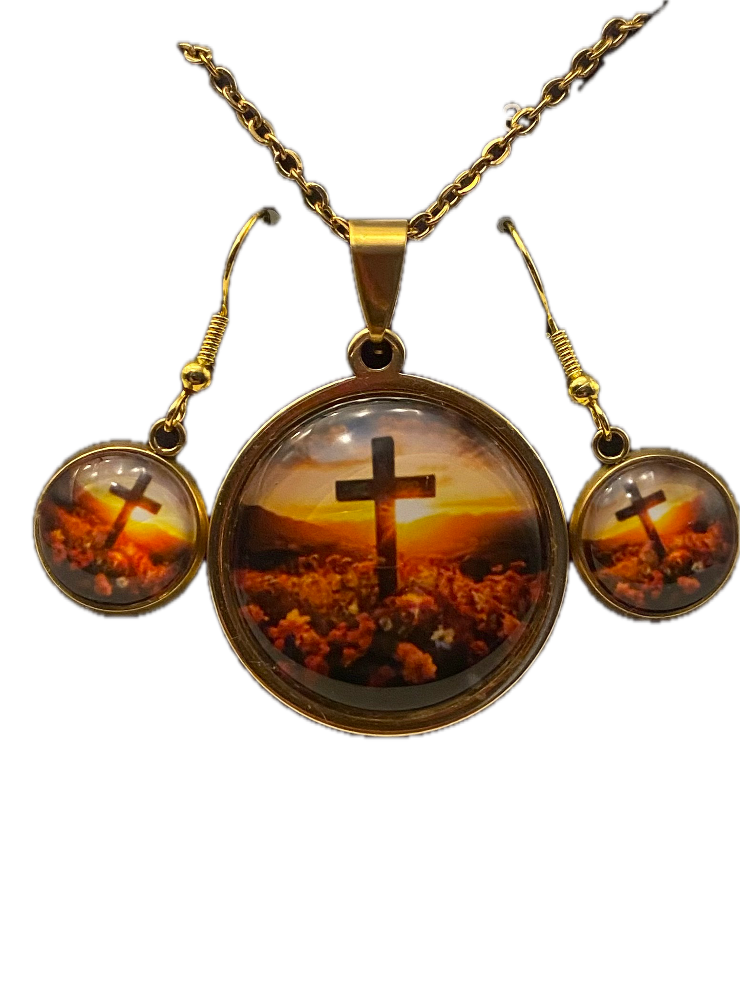 Cross with Flowers Gold Jewelry Set