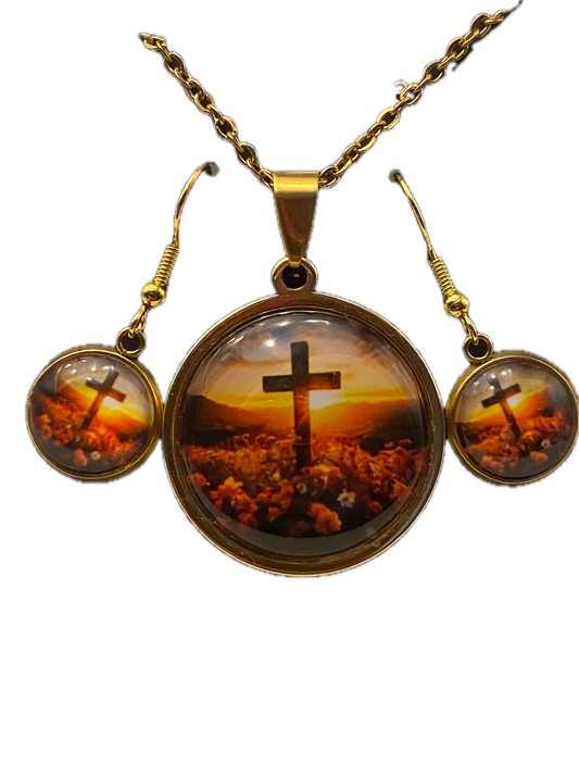 Cross with Flowers Gold Jewelry Set