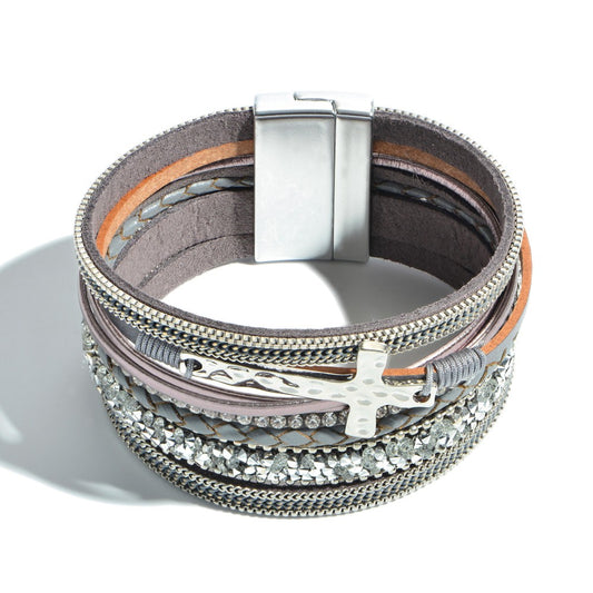 Faux Leather Gray Cross and Rhinestone Bracelet