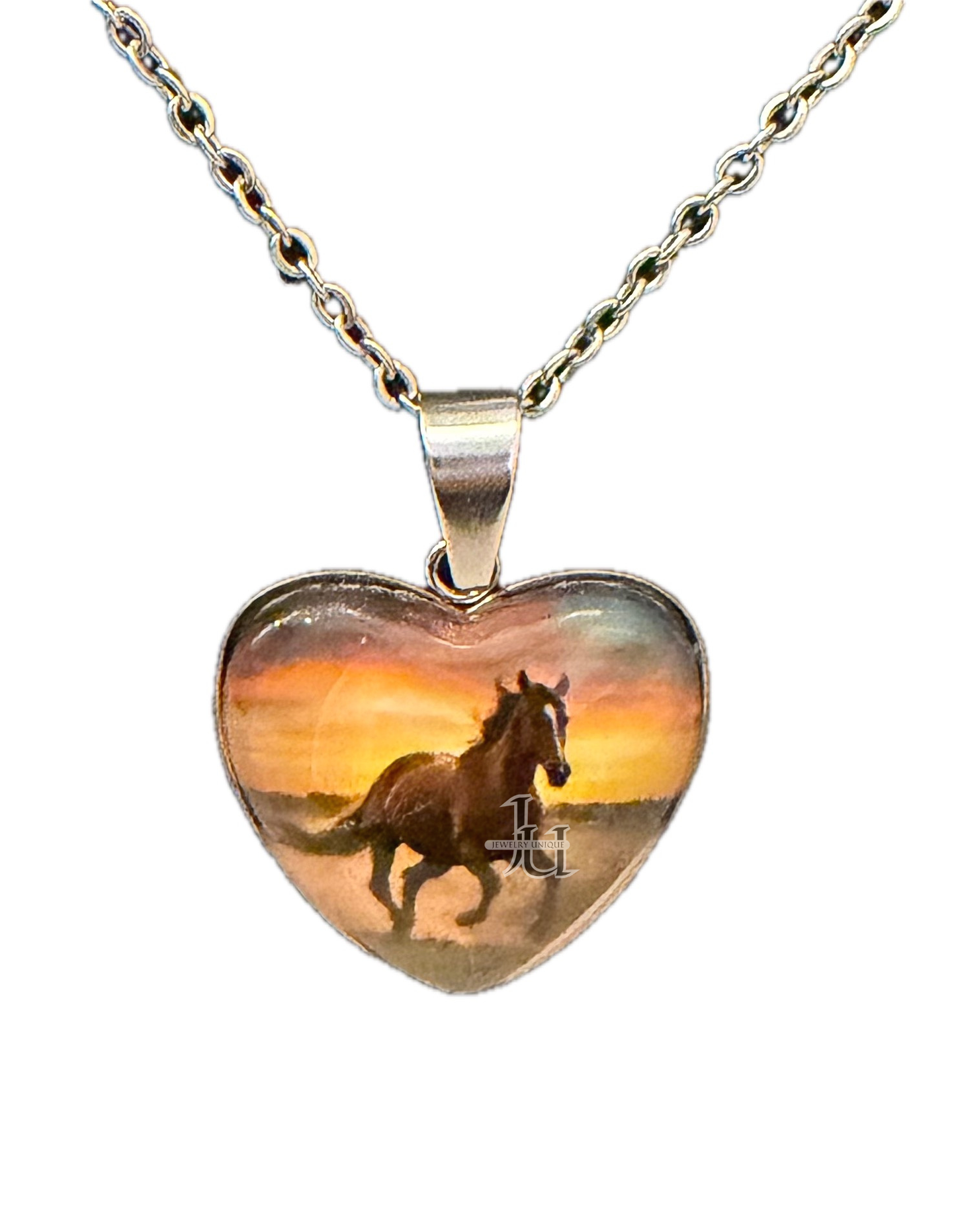 Horse Running in Sunset Heart Necklace