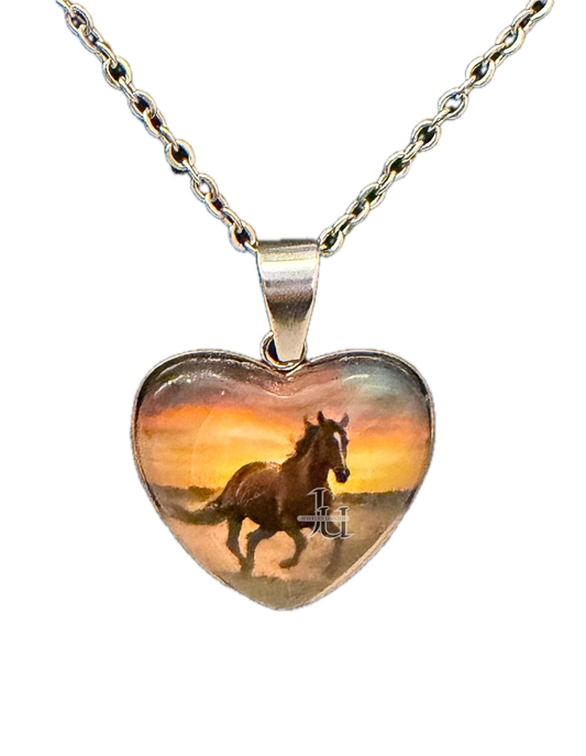 Horse Running in Sunset Heart Necklace