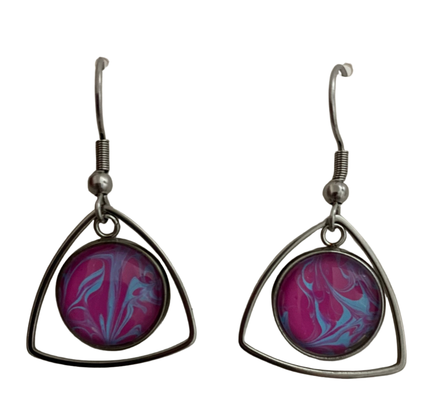 Hot Pink and Blue Fluid Art Stainless Steel Triangle Dangle Earrings