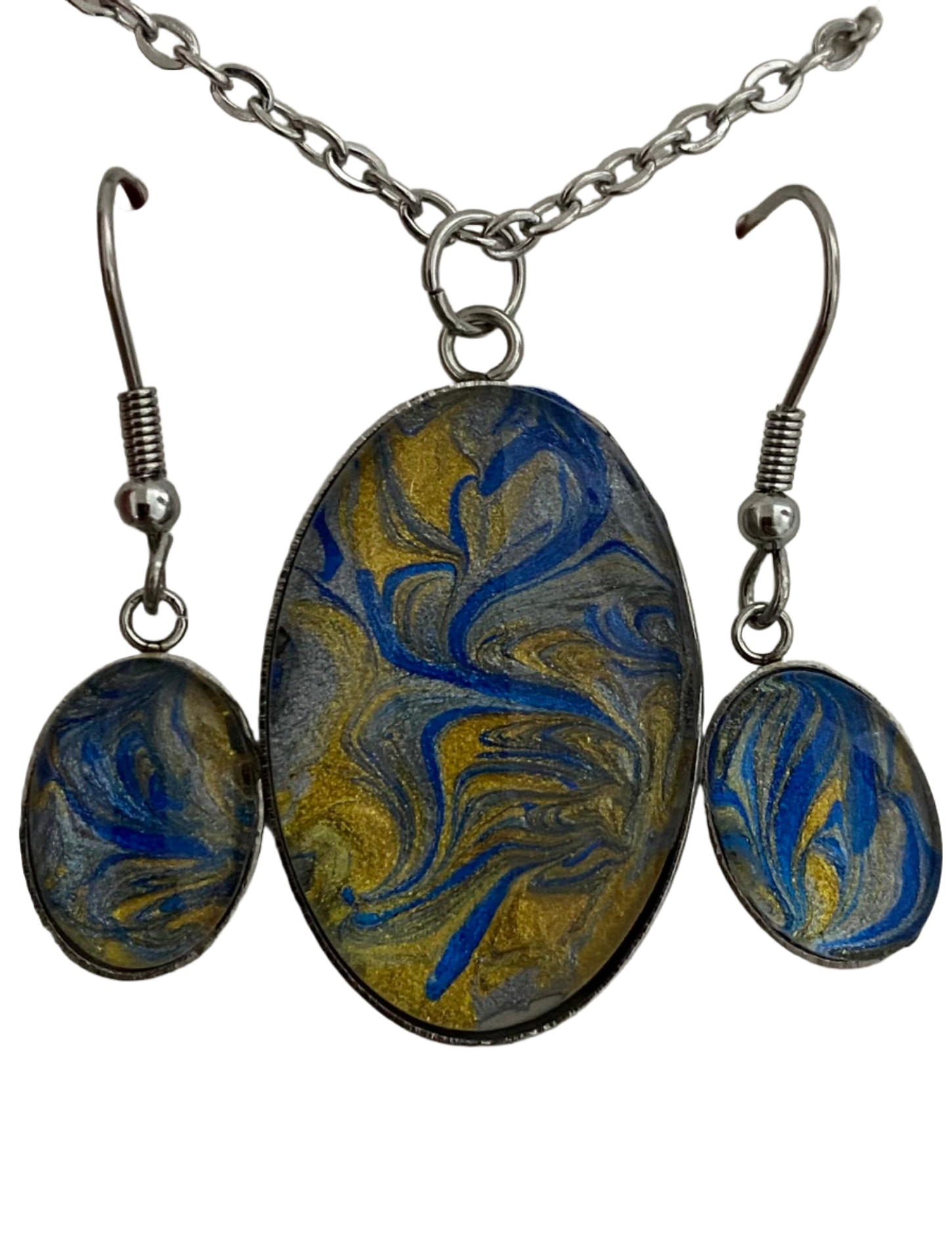 Blue and Gold Ovals Art Jewelry Necklace and Earrings Set