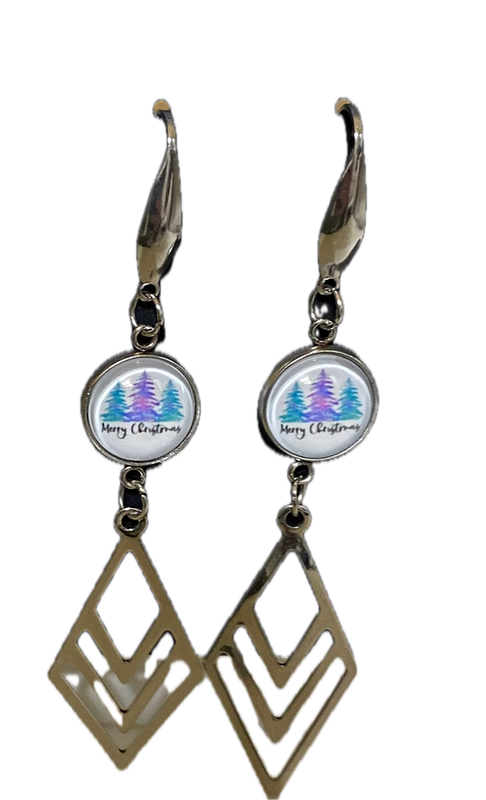 Stainless Steel Long Dangle Earrings with Merry Christmas