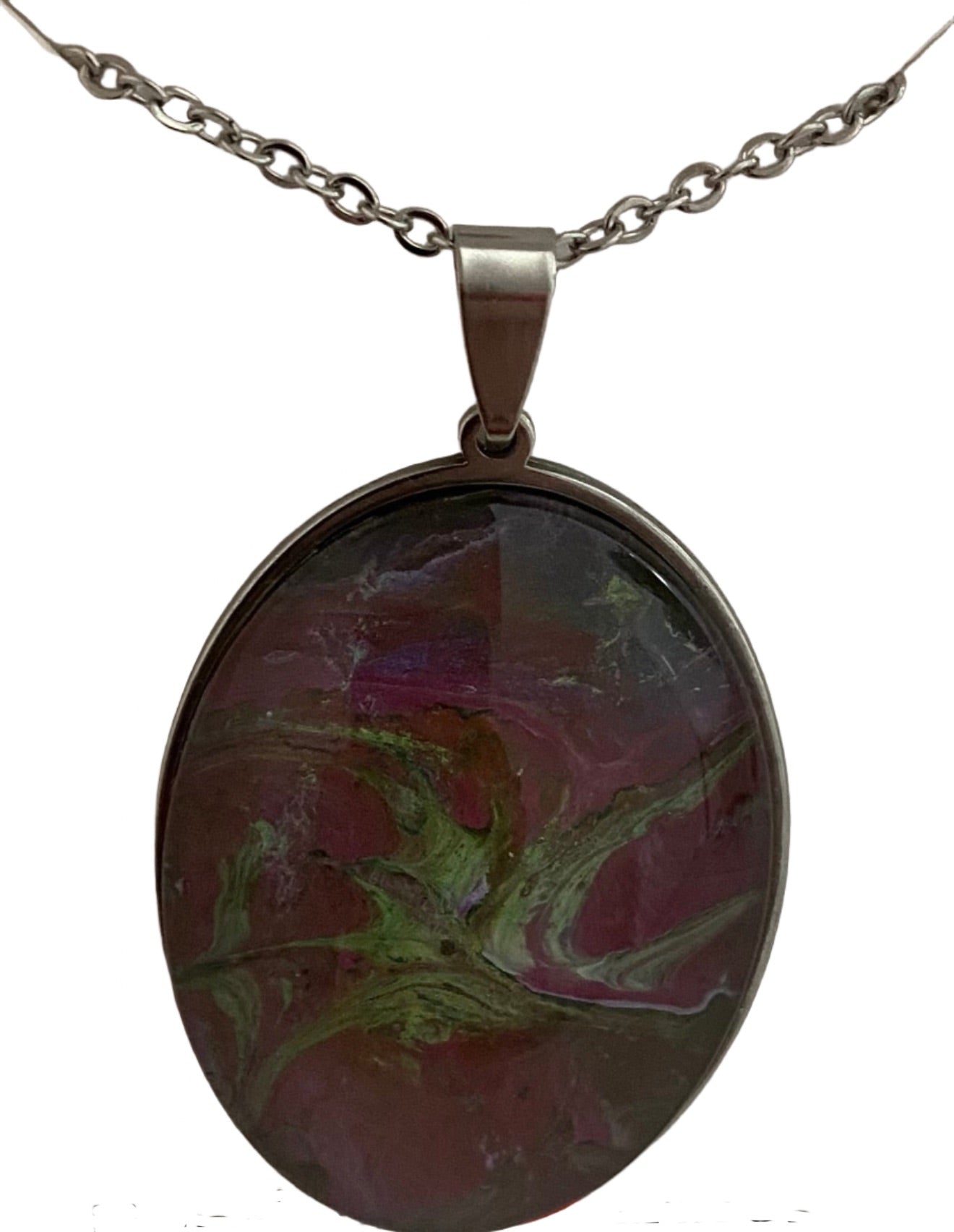 Mauves and Greens Fluid Art Large Oval Necklace