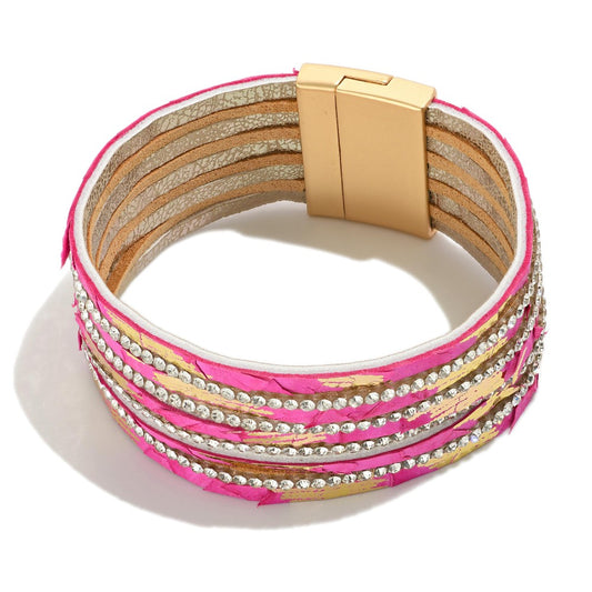 Multi-Strand Leather Fuchsia Magnetic Bracelet with Rhinestones