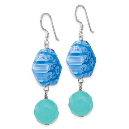Sterling Silver Blue Crystal and Kangsai Glass Bead Dangle Earrings