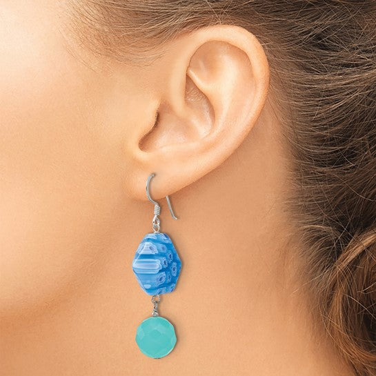 Sterling Silver Blue Crystal and Kangsai Glass Bead Dangle Earrings