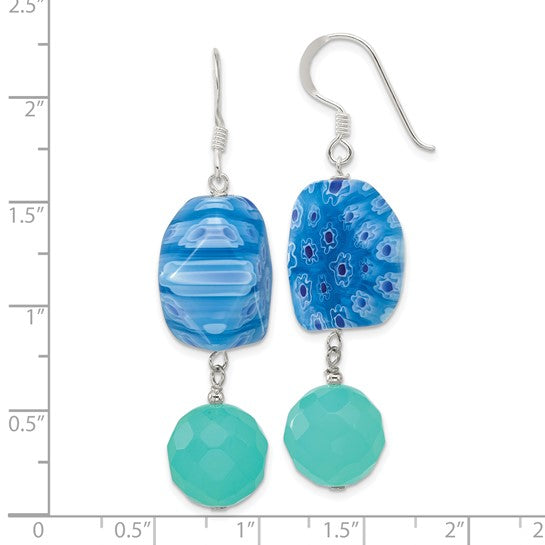 Sterling Silver Blue Crystal and Kangsai Glass Bead Dangle Earrings