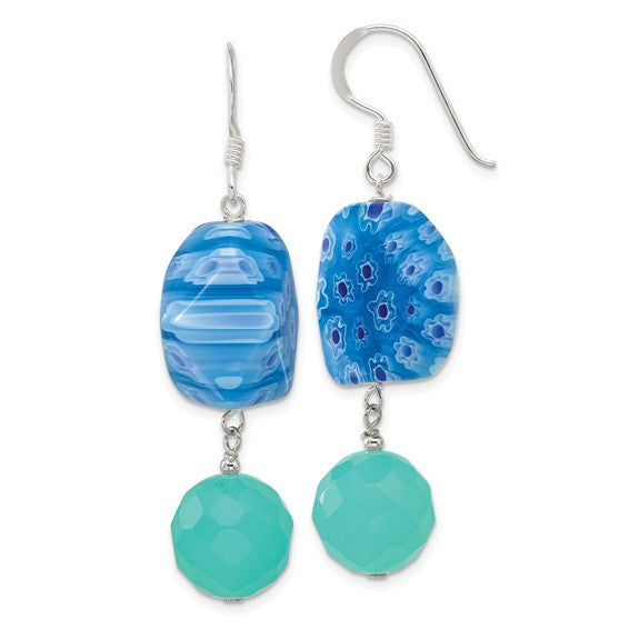 Sterling Silver Blue Crystal and Kangsai Glass Bead Dangle Earrings