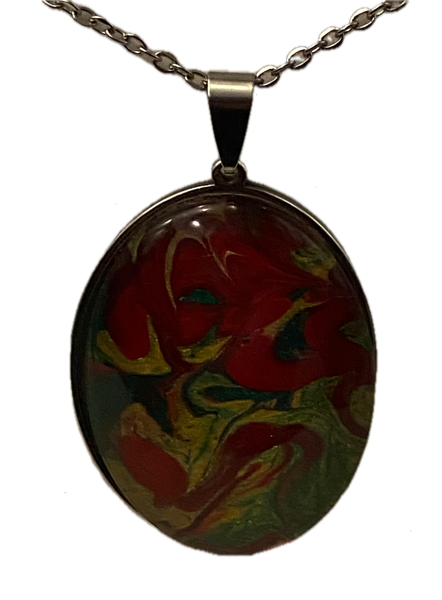 Red Green and Gold Artisan Large Oval Necklace