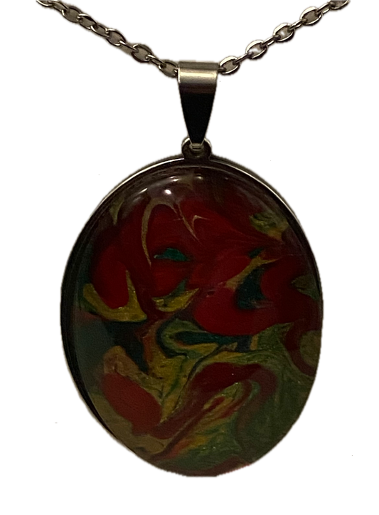 Red Green and Gold Artisan Large Oval Necklace