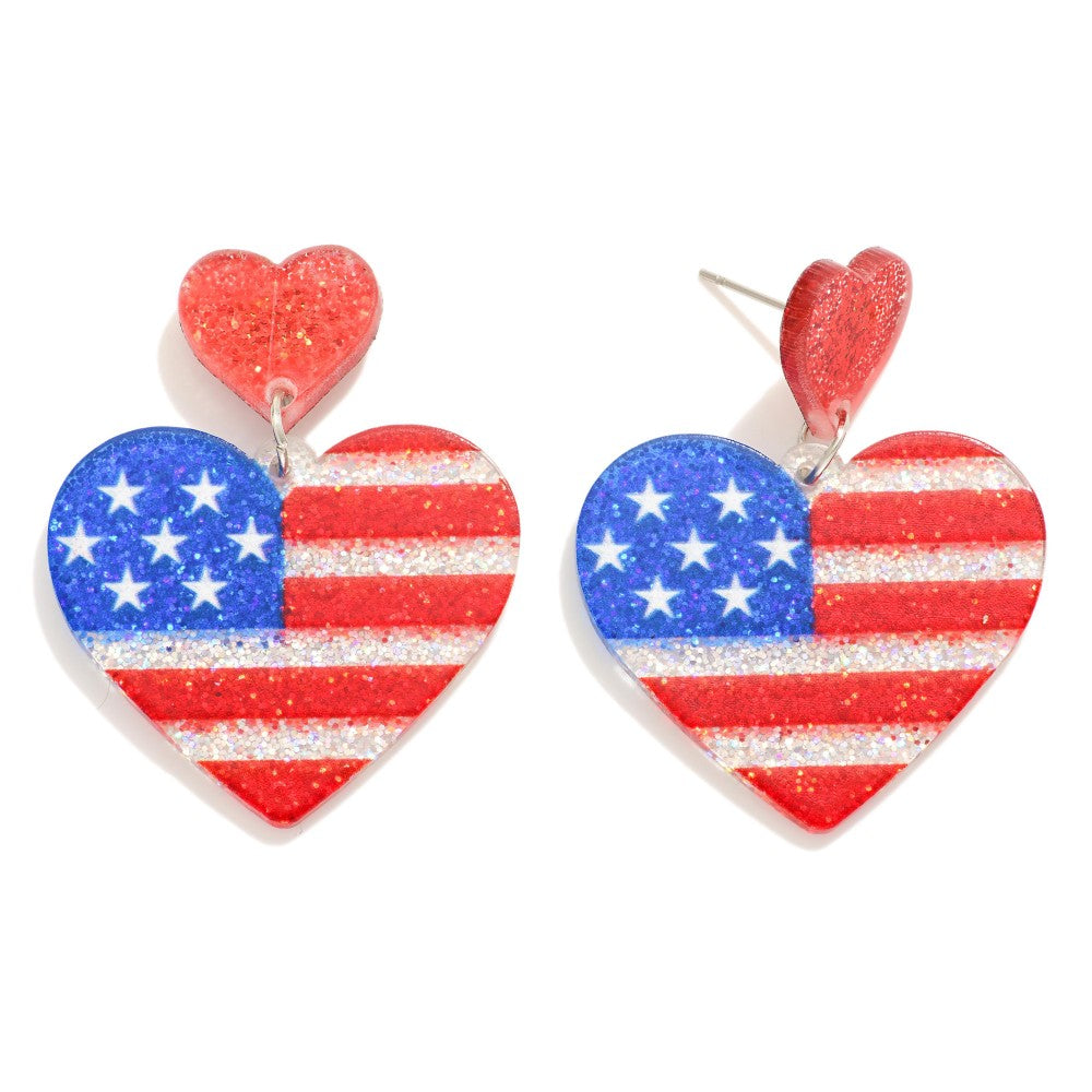 Red White and Blue Heart Post Dangle Earrings