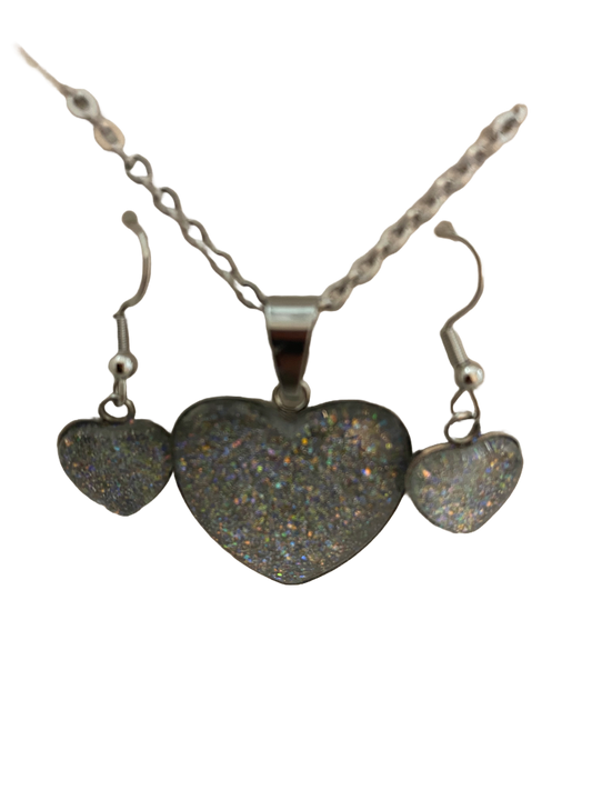 Silver Glitter Handmade Valentine Necklace and Dangle Earrings Set