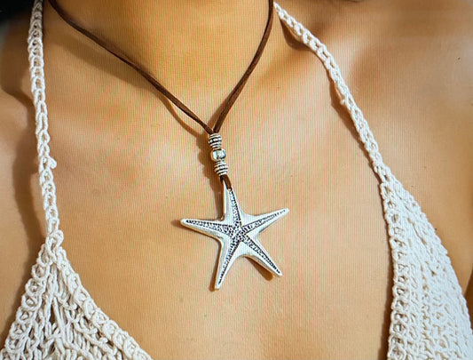 Boho Silver Starfish on Brown Cord Choker