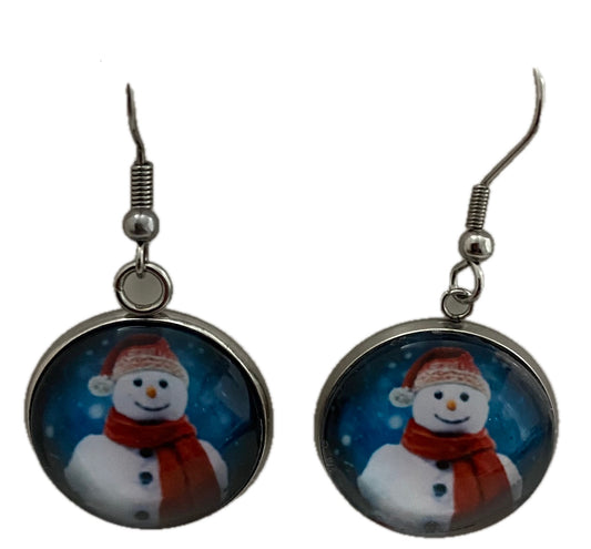 Handmade Snowman Blue and Red Dangle Earrings