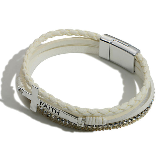 White Leather Faith Cross Bracelet