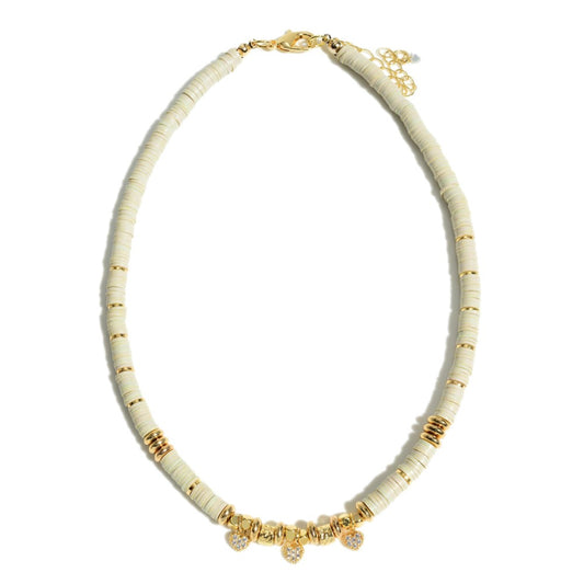 White Rubber Heishi Necklace With Pave Heart Accents