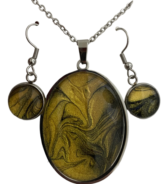 Yellow and Black Large Oval Art Necklace and Dangle Earrings Jewelry Set